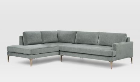 Andes Sectional Set 14: Right Arm 2.5 Seater Sofa, Left Arm Terminal Chaise, Poly, Distressed Velvet, Mineral Gray, Blackened Brass - Image 0