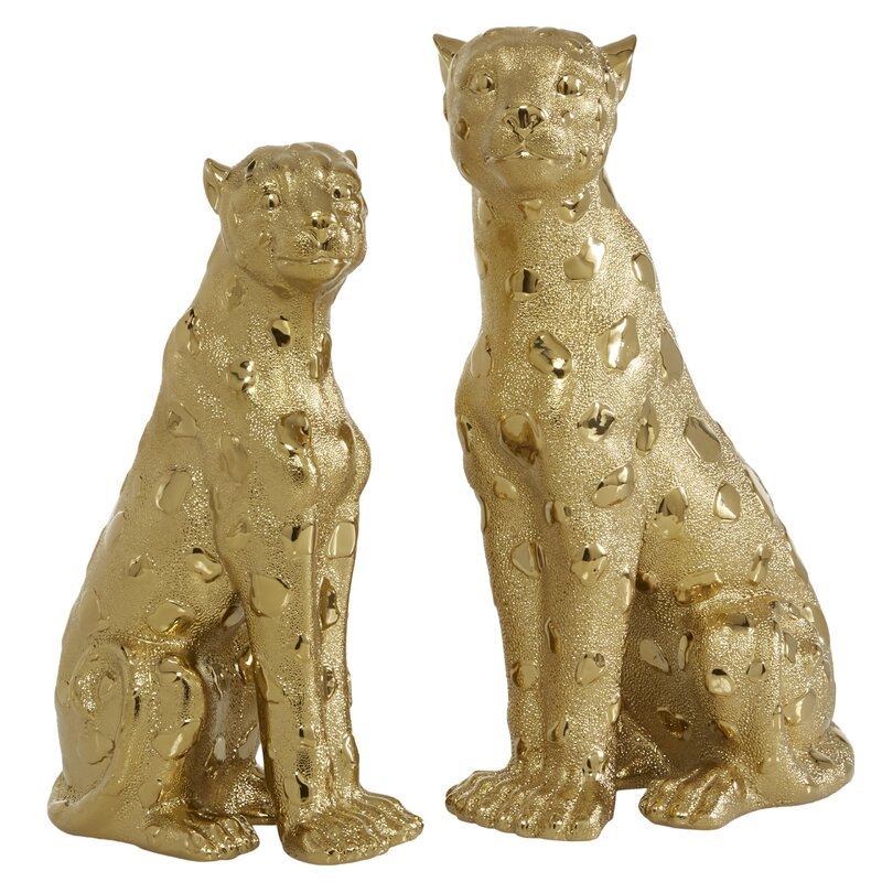 Gold Polystone Leopard Figurine, Set Of 2: 12", 10" - Image 1
