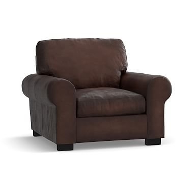Turner Roll Arm Leather Small Armchair 42", Down Blend Wrapped Cushions, Burnished Walnut - Image 1