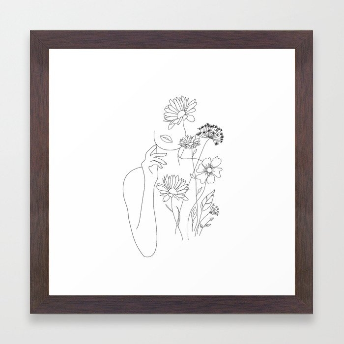 Minimal Line Art Woman with Flowers III Framed Art Print by Nadja- conservation walnut, 12x12 - Image 0