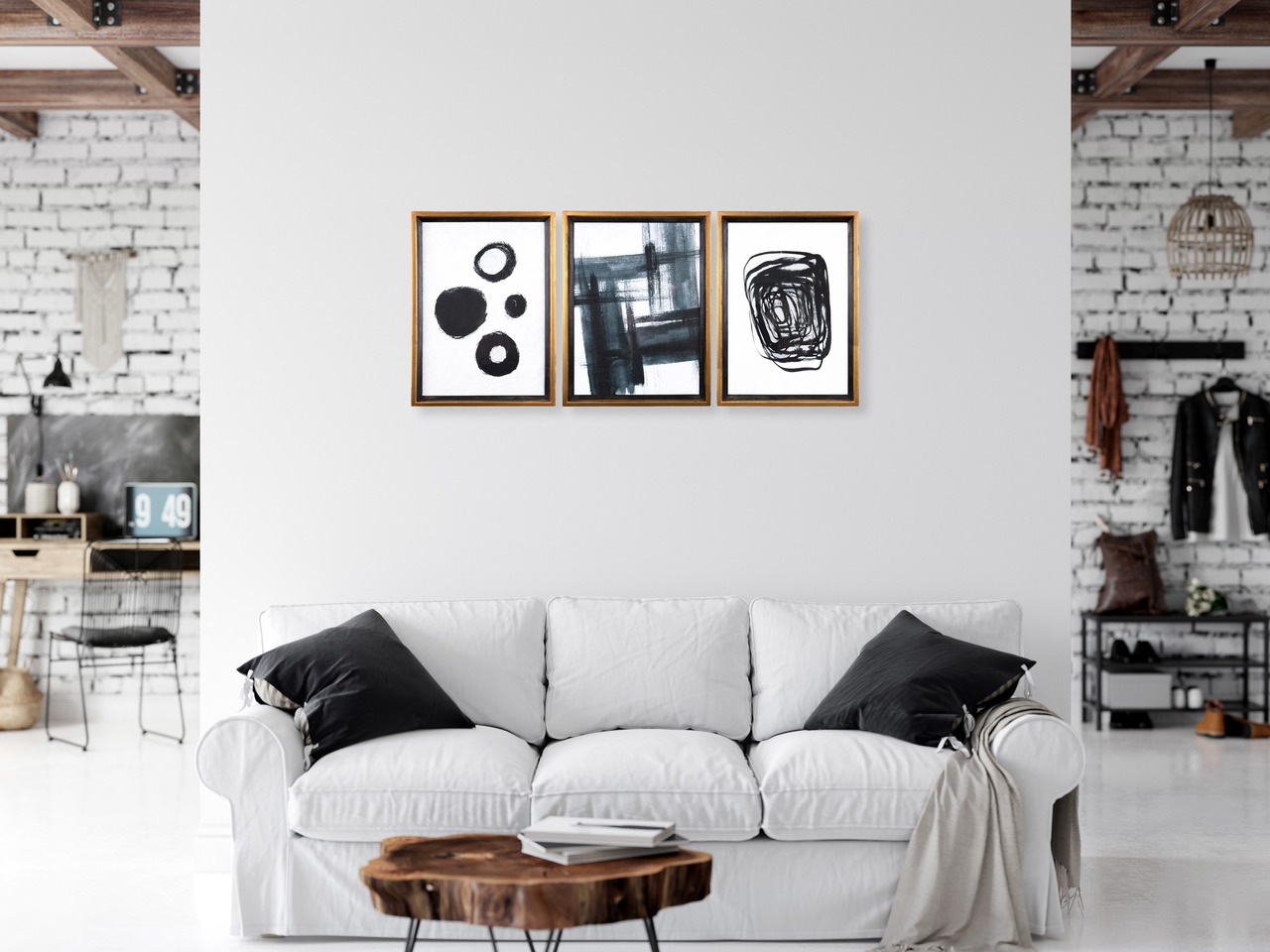 Black & White Abstract Framed Artwork, Set of 3 - Image 1