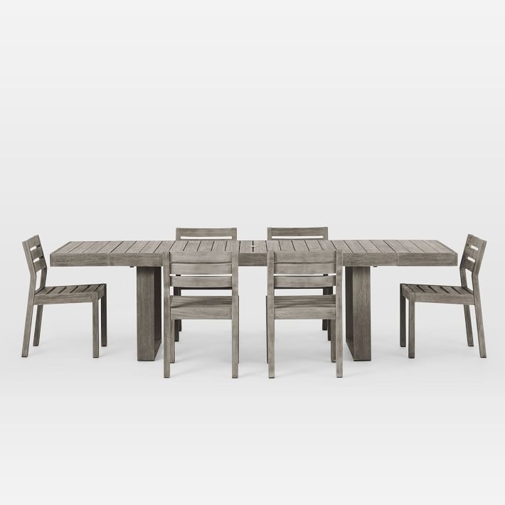 Portside Outdoor Expandable Dining Table + 6 Solid Wood Chairs Set, Weathered Gray - Image 0