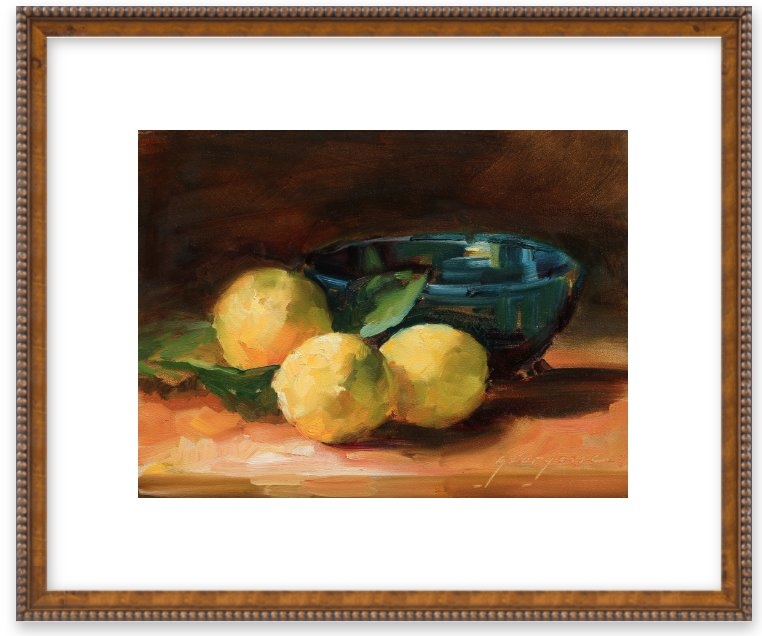 Lemons and Blue Bowl by Georgesse Gomez with Ornate Brown Beaded Wood Frame & Matte - Image 0