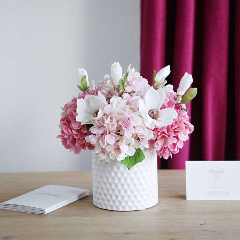 Faux Hydrangea and Magnolia Floral Arrangement in Ceramic Vase - Image 0