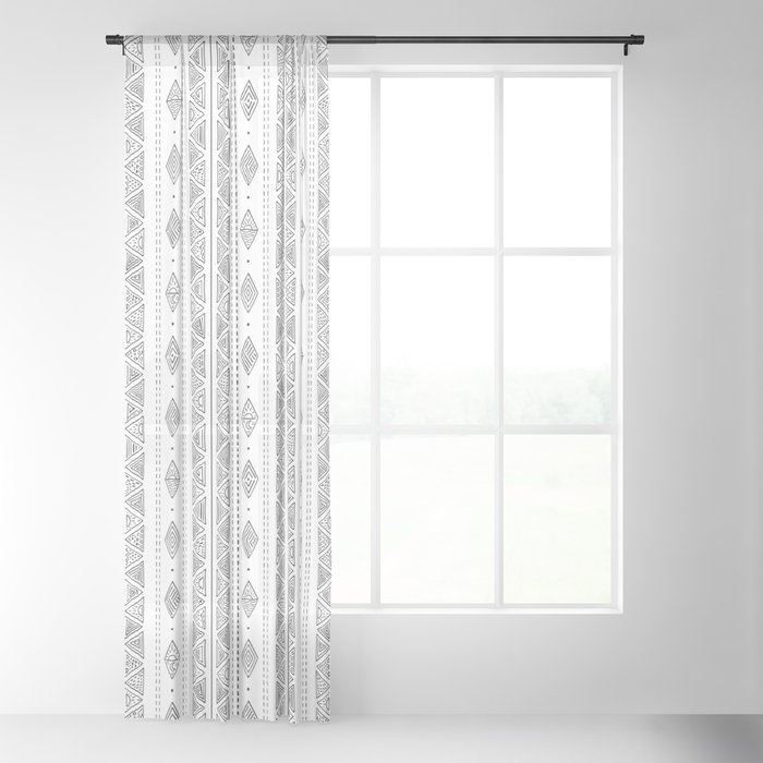 White and Black Mud Cloth Style Boho Tribal Pattern Sheer Curtain, 50x96 PAIR - Image 1