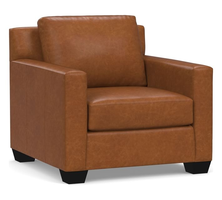 York Square Arm Leather Armchair, Polyester Wrapped Cushions, Statesville Caramel - Image 0