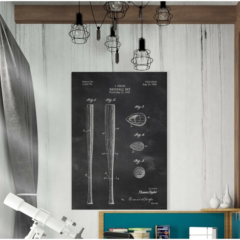 'Baseball Bat Blueprint Patent Chalkboard' Print on Wrapped Canvas in Black - Image 1
