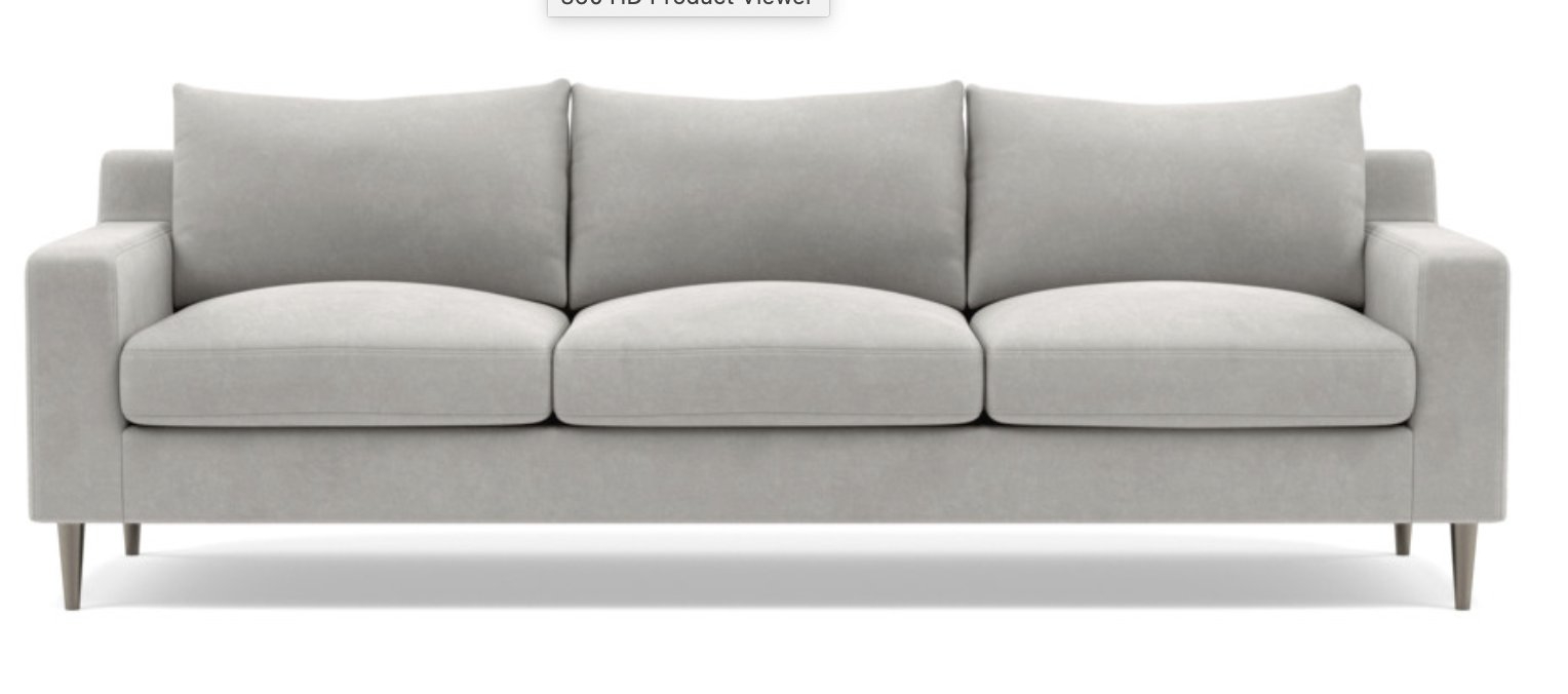 SLOAN 3-Seat Sofa, 95” Long, Standard (36”) Deep, Sterling Performance Velvet, Brushed Nickel-Plated Tapered Round Metal, Standard down blend Fill - Image 0