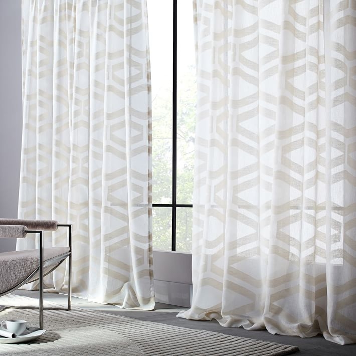 Sheer Clipped Jacquard Geo Curtain, Ivory, 48"x84" - Image 1