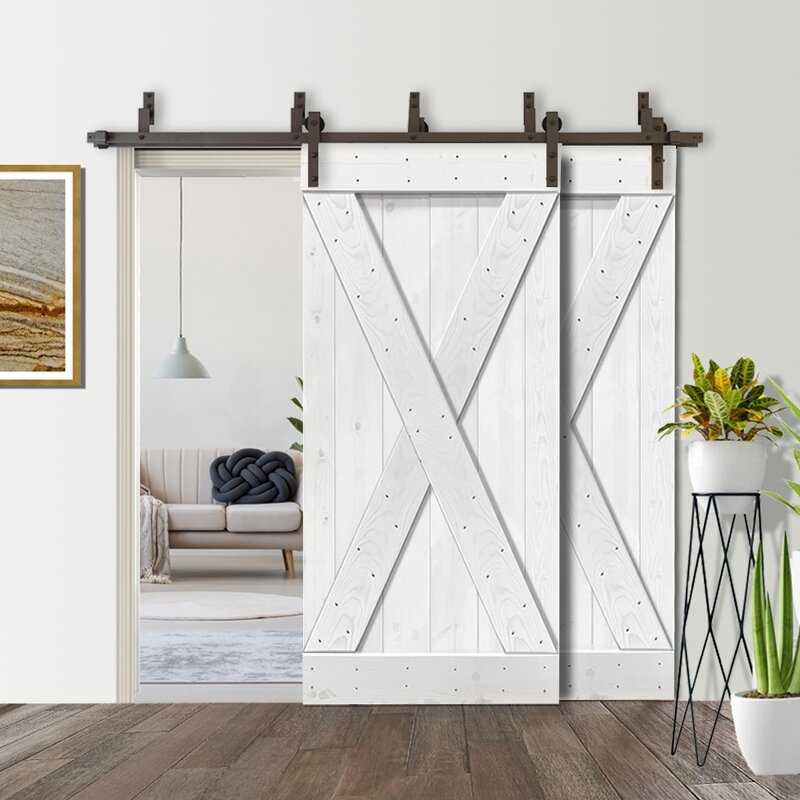 Paneled Wood Stained Mini X Series Bypass Double Diy Barn Door With Sliding Hardware Kit - Image 0