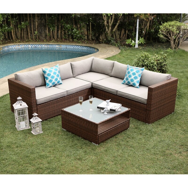 Newagen 4-Piece Outdoor Furniture Set Mottlewood Brown Wicker Sofa W Warm Gray Cushions, Glass Coffee Table, 2 Teal Pillows Incl. Waterproof Cover - Image 0