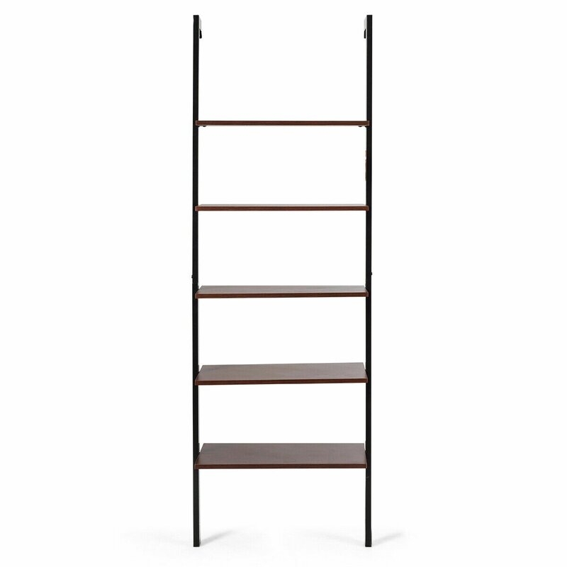 5-tier Ladder Shelf Wood Wall Mounted Bookshelf, Metal Frame Display Shelf - Image 0