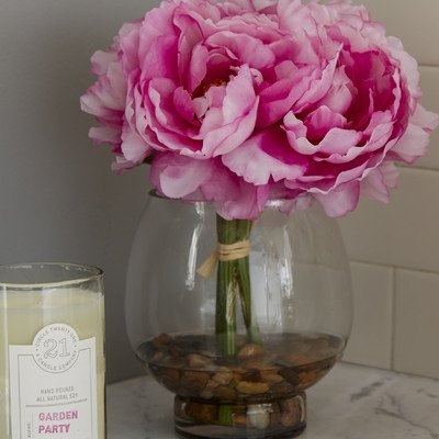 Peonies in a Glass Vase with River Rocks and Faux Water - Image 3