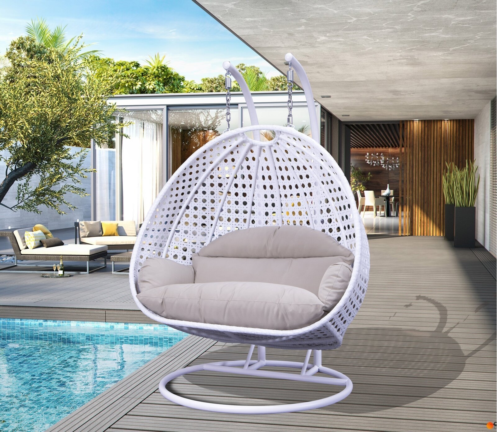 Leisuremod Wicker Hanging 2 Person Egg Swing Chair With Outdoor Cover - Image 0