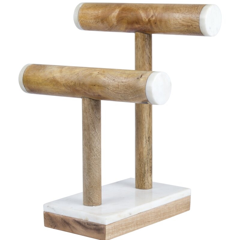 Natural Marble Stone and Mango Wood 2-Tier Necklace Bracelet Display Jewelry Stand - Image 0