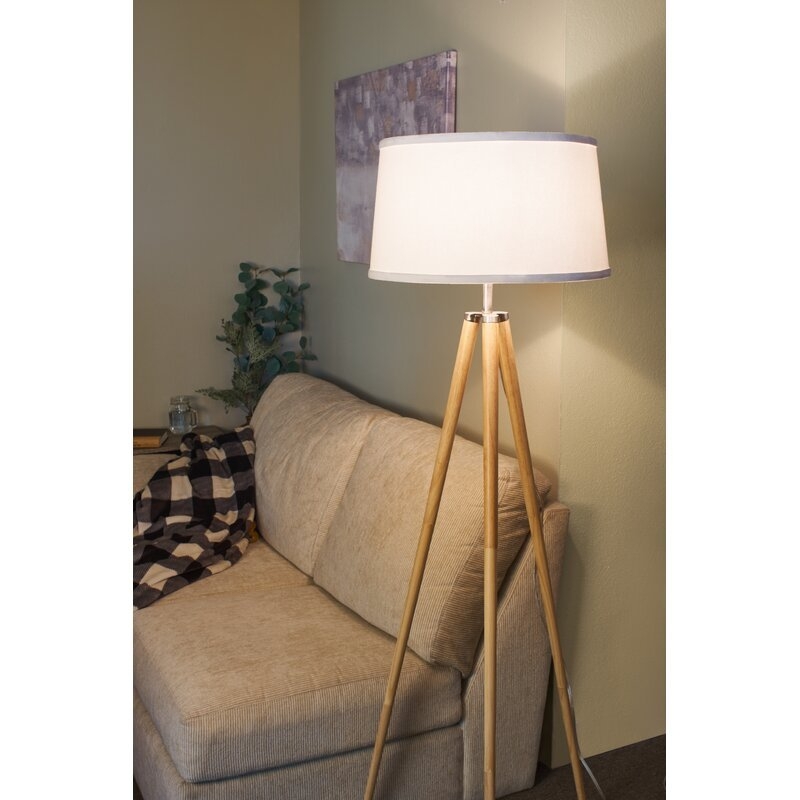 Mcconkey 60.5 Mid Century Modern Tripod LED Floor Lamp + Energy Efficient 10.5W Bulb, White Fabric Shade, Pine Style Wood Finish - Image 1