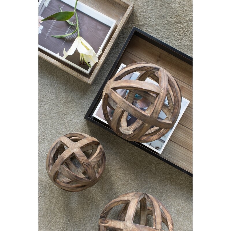 Brown Decorative Wood Ball Sculpture - 10" - Image 2
