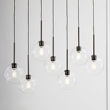 Sculptural Glass 7-Light Linear Chandelier, Small Globe, Clear Shade, Bronze Canopy - Image 0