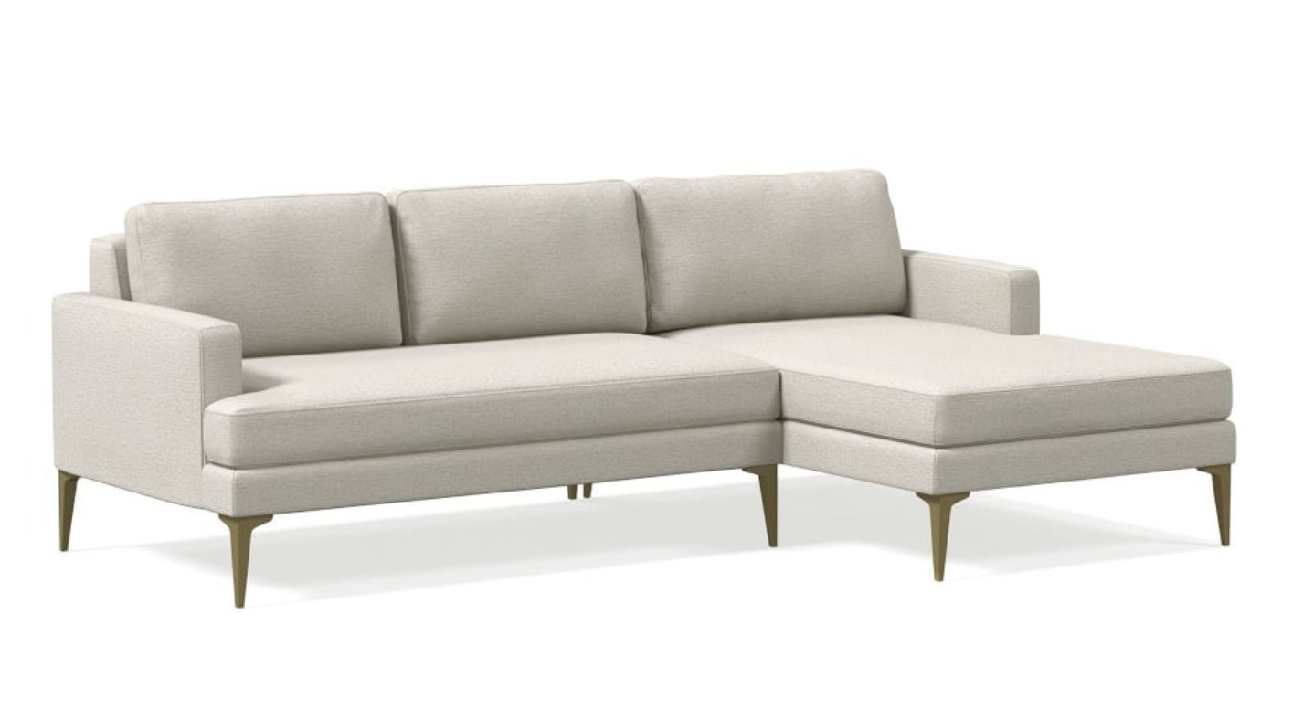 Andes Petite Sectional Set 59: Left Arm 2 Seater Sofa, Right Arm Chaise, Poly, Twill, Sand, Blackened Brass - Image 0