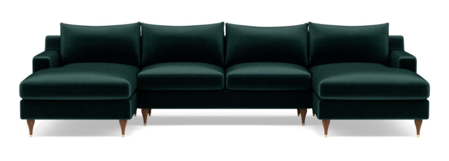 Sloan U-Sectional // Malachite Mod Velvet // Oiled Walnut and Brass Cap Stiletto Leg // 133" // Standard Chaise // 2 Cushions // Standard Down Blend - Image 0
