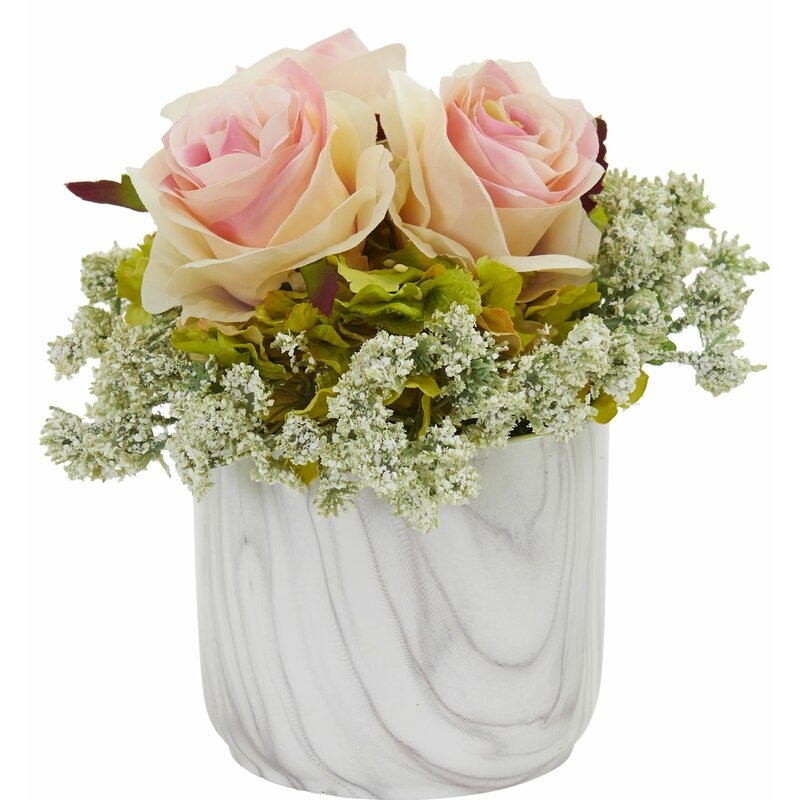 Artificial Rose and Hydrangea Floral Arrangement in Vase - Image 0