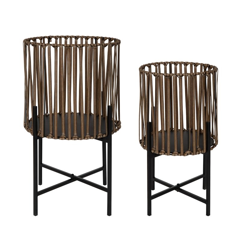 Mcintire Floor 2 Piece Pot Planter Set with PVC Wicker and Metal Stands - Image 1