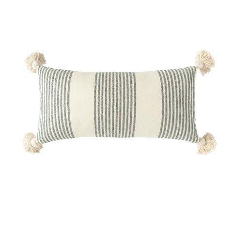 Cream Cotton & Chenille Pillow with Vertical Grey Stripes, Tassels & Solid Cream Back - Image 0