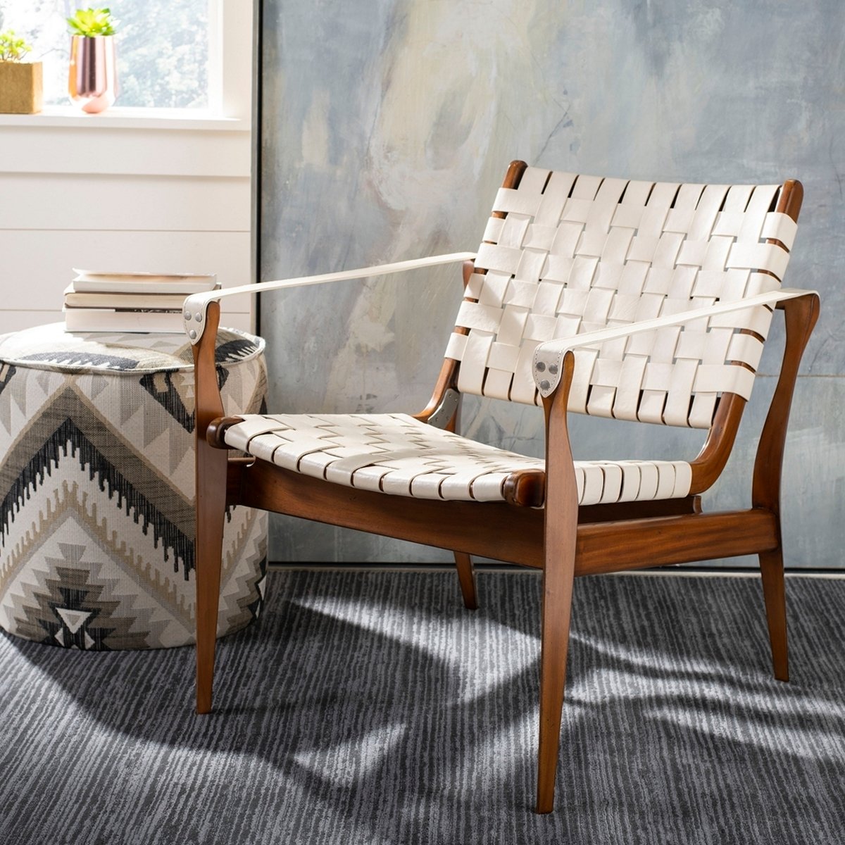 Dilan Leather Safari Chair - White - Safavieh - Image 4