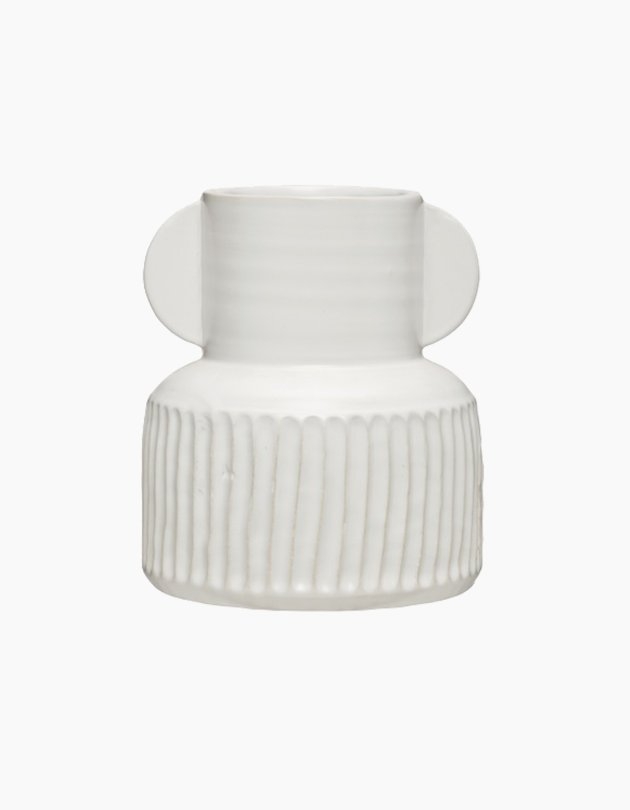 Large White Pleated Stoneware Vase with Vertical Handles - Image 0