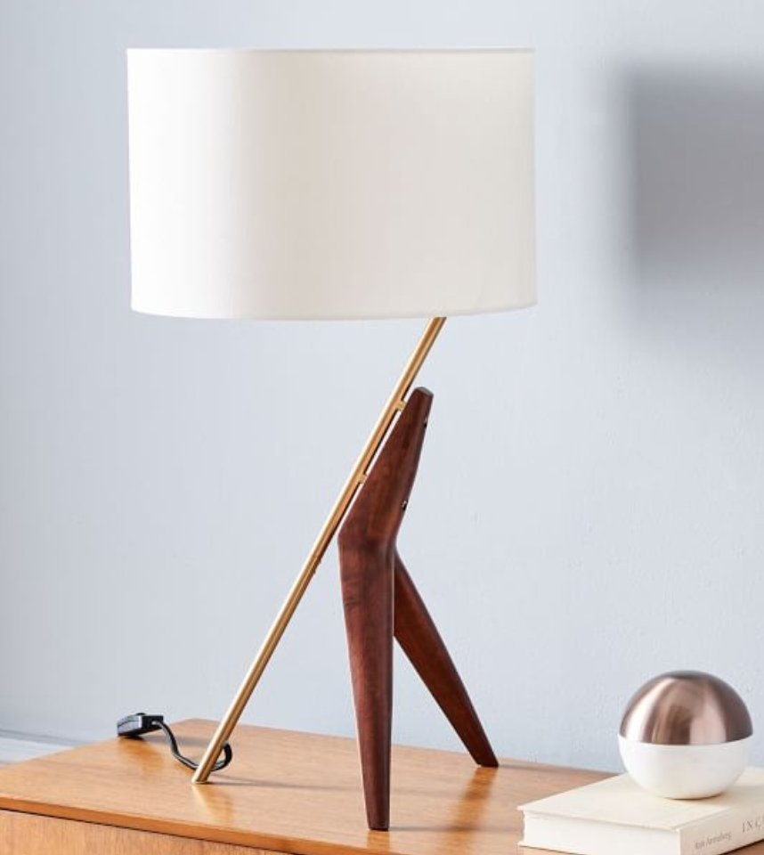 Caldas Table Lamp, White Linen, Walnut, Brass - Image 0