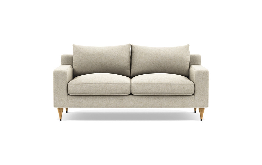 Sloan Loveseats with Beige Flax Fabric, down alternative cushions, and Natural Oak with Antique Cap legs - Image 0