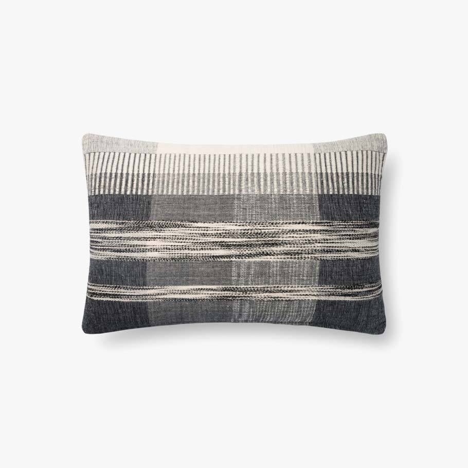 Abstract Plaid Lumbar Pillow, Gray & White, 21" x 13" - Image 0