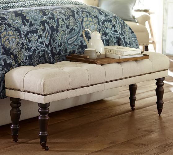 Raleigh Upholstered Queen Bench Tufted Turned Mahogany Leg With Bronze Nailhead, Twill Cream - Image 4