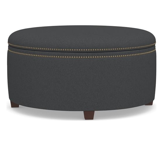 Tamsen Upholstered Round Storage Ottoman, Premium Performance Basketweave Charcoal - Image 0