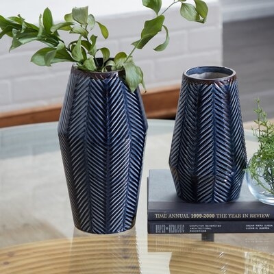 Set Of 2 Dark Blue Ceramic Contemporary Vase 11", 8"H - Image 0