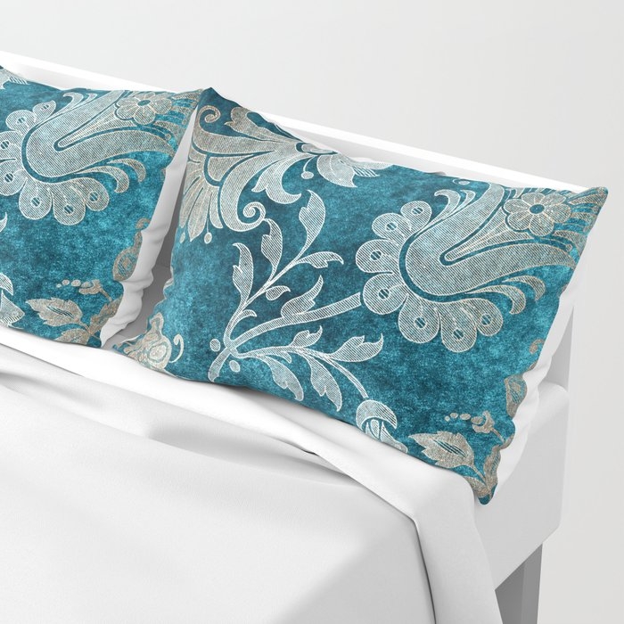 Aqua Teal Vintage Floral Damask Pattern Pillow Sham Set - Image 1