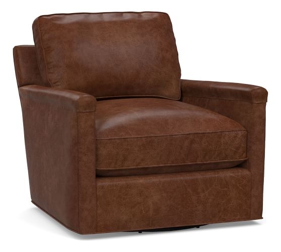 Tyler Square Arm Leather Swivel Armchair without Nailheads, Down Blend Wrapped Cushions, Statesville Molasses - Image 0