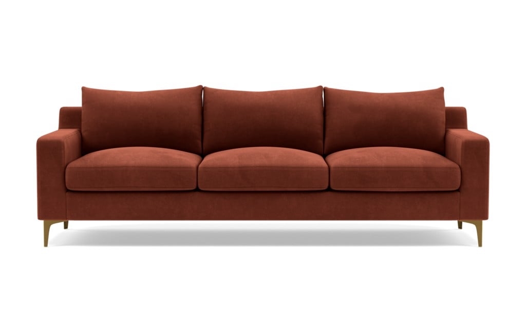 Sloan Sofa with Red Rust Fabric, down alternative cushions, and Brass Plated legs - Image 0