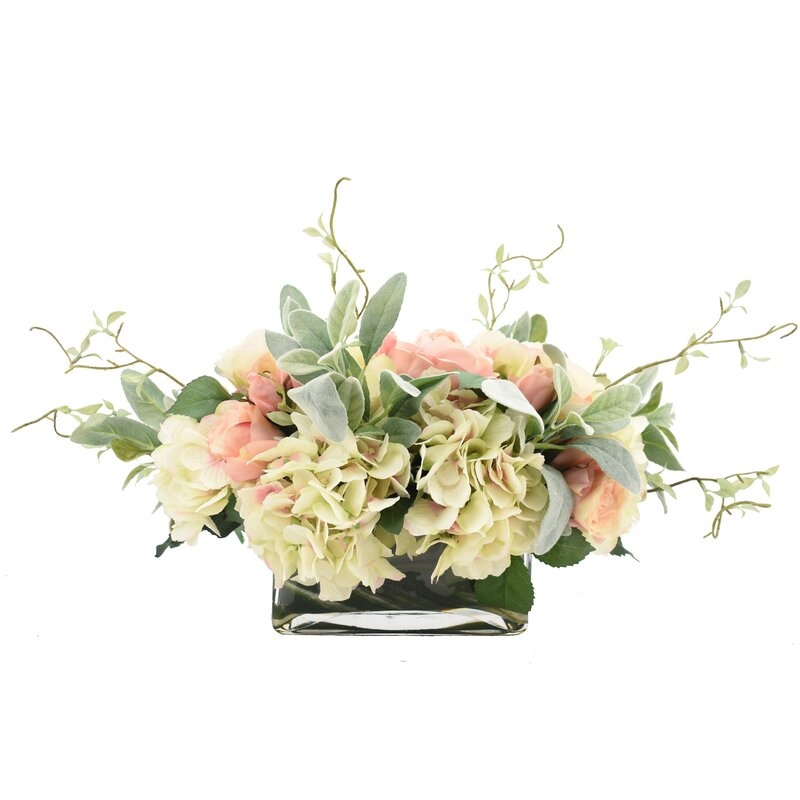 Rose and Hydrangea Floral Arrangement in Vase - Image 0