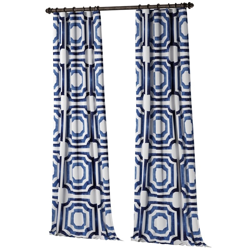 Donato Geometric Printed Cotton Room Darkening Rod Pocket Single Curtain Panel - Blue, 120" - Image 0