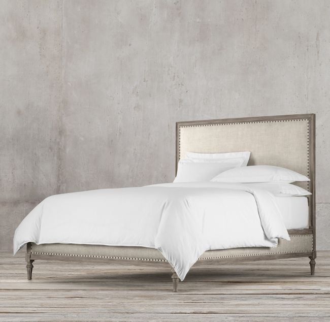 MAISON PANEL KING FABRIC BED - Antique Grey Oak w/ Belgian Linen Sand Upholstery - Image 0