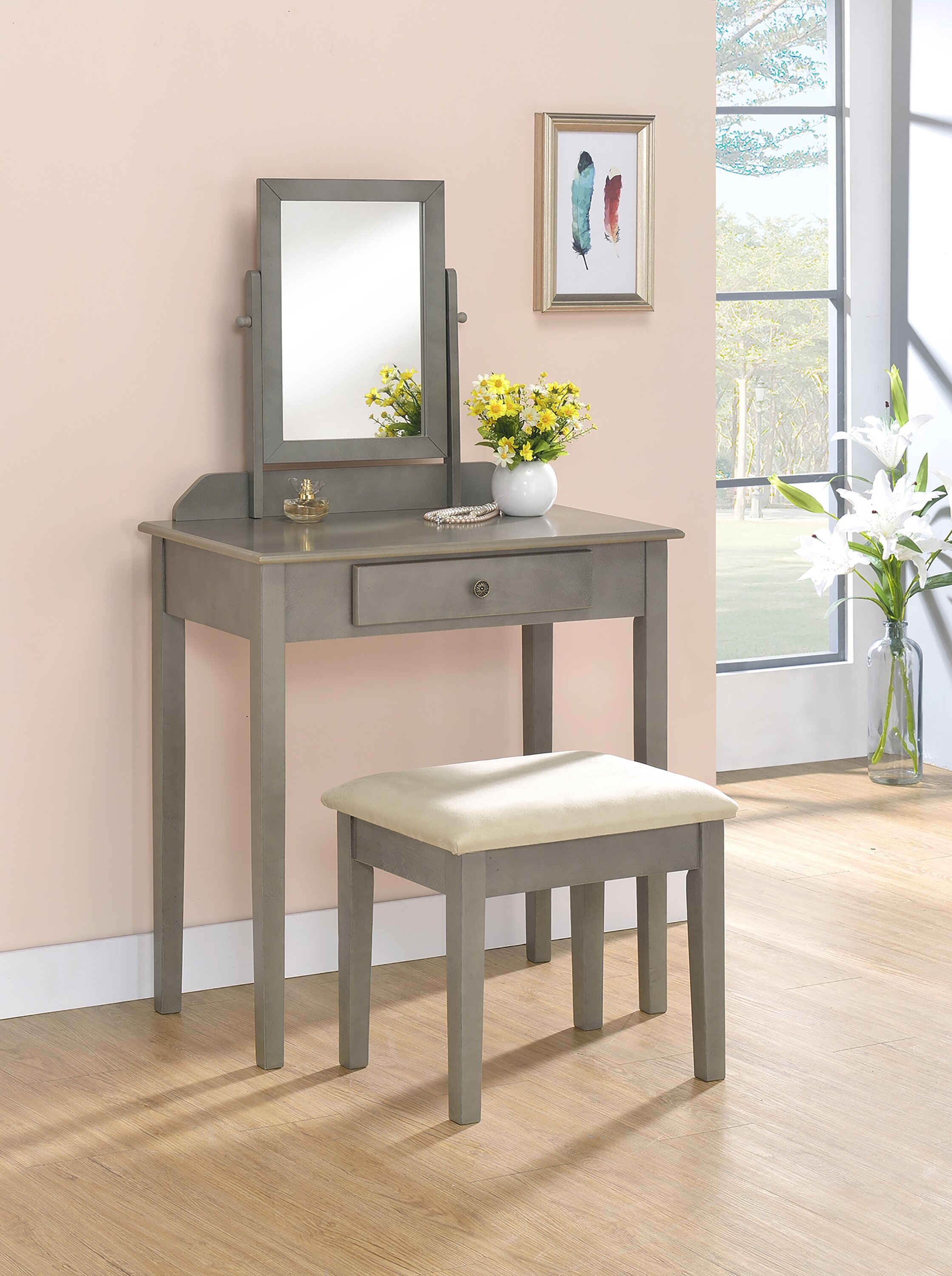 Buster Vanity Set with Stool and Mirror - Gray - Image 0