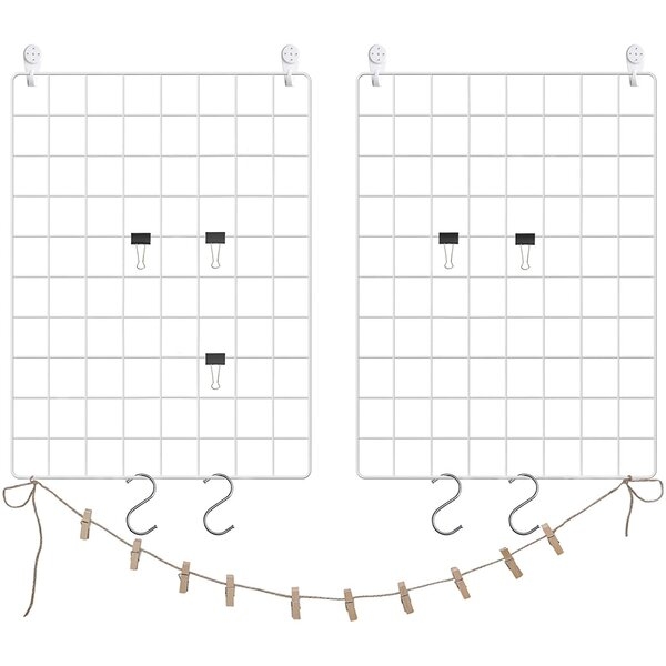 Grid Photo Wall, 16.5 X 12.2 Inches, Set Of 2, Wire Wall Grid Panel, Photo Wall Display, DIY, Hanging Picture Wall With S Hook, Clip, Hemp Cord, White - Image 1