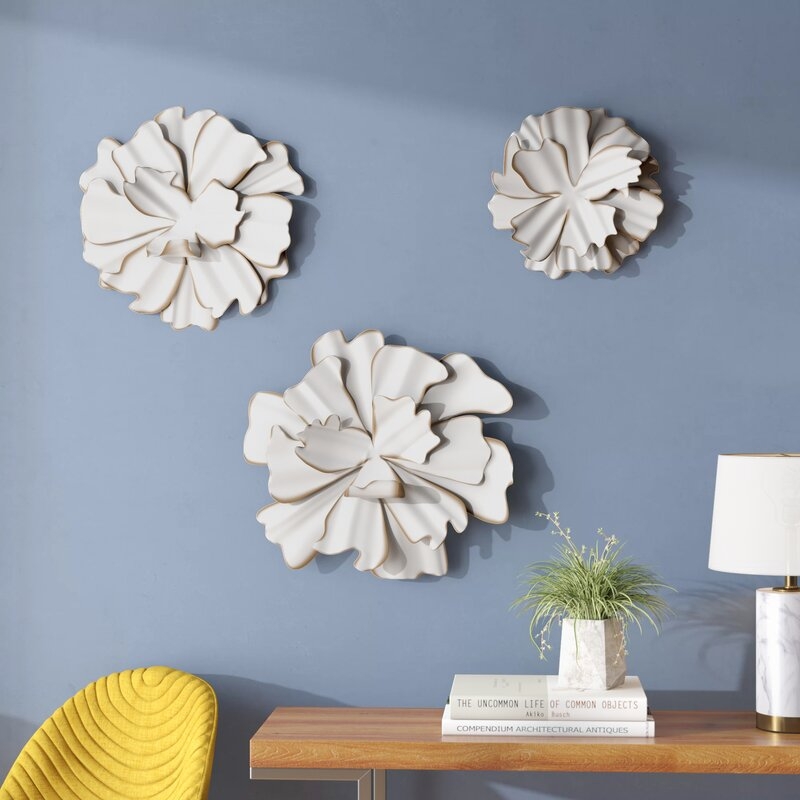 White 3 Piece Eclectic Flower Wall Decor Set - Image 0