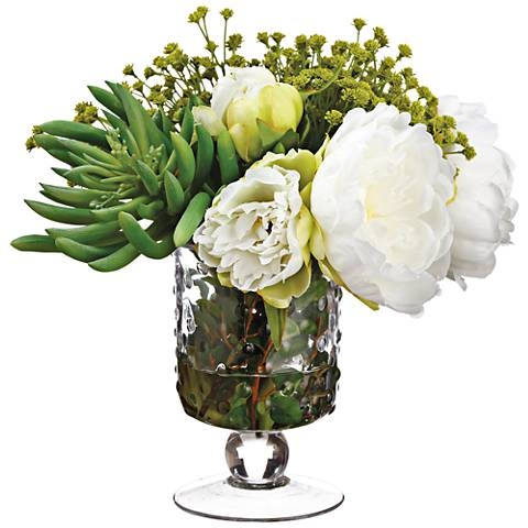 Peony, Aeonium and Baby's Breath 10"H Faux Flowers in Vase - Image 0