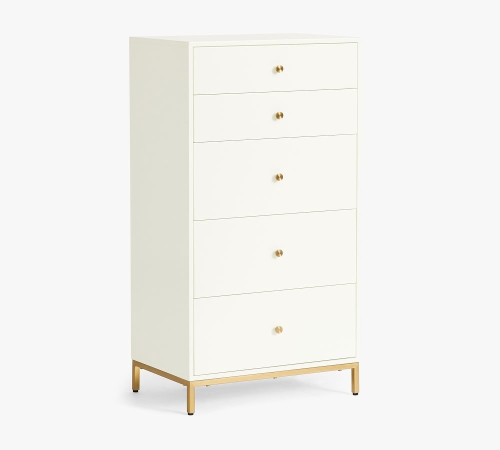 Delaney 5-Drawer Tall Dresser, White/Brass - Image 0