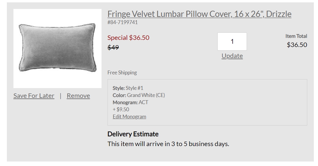 Fringe Velvet Lumbar Pillow Cover, 16 x 26", Drizzle - Monogrammed - Style 1, Grand White, ACT - Image 2