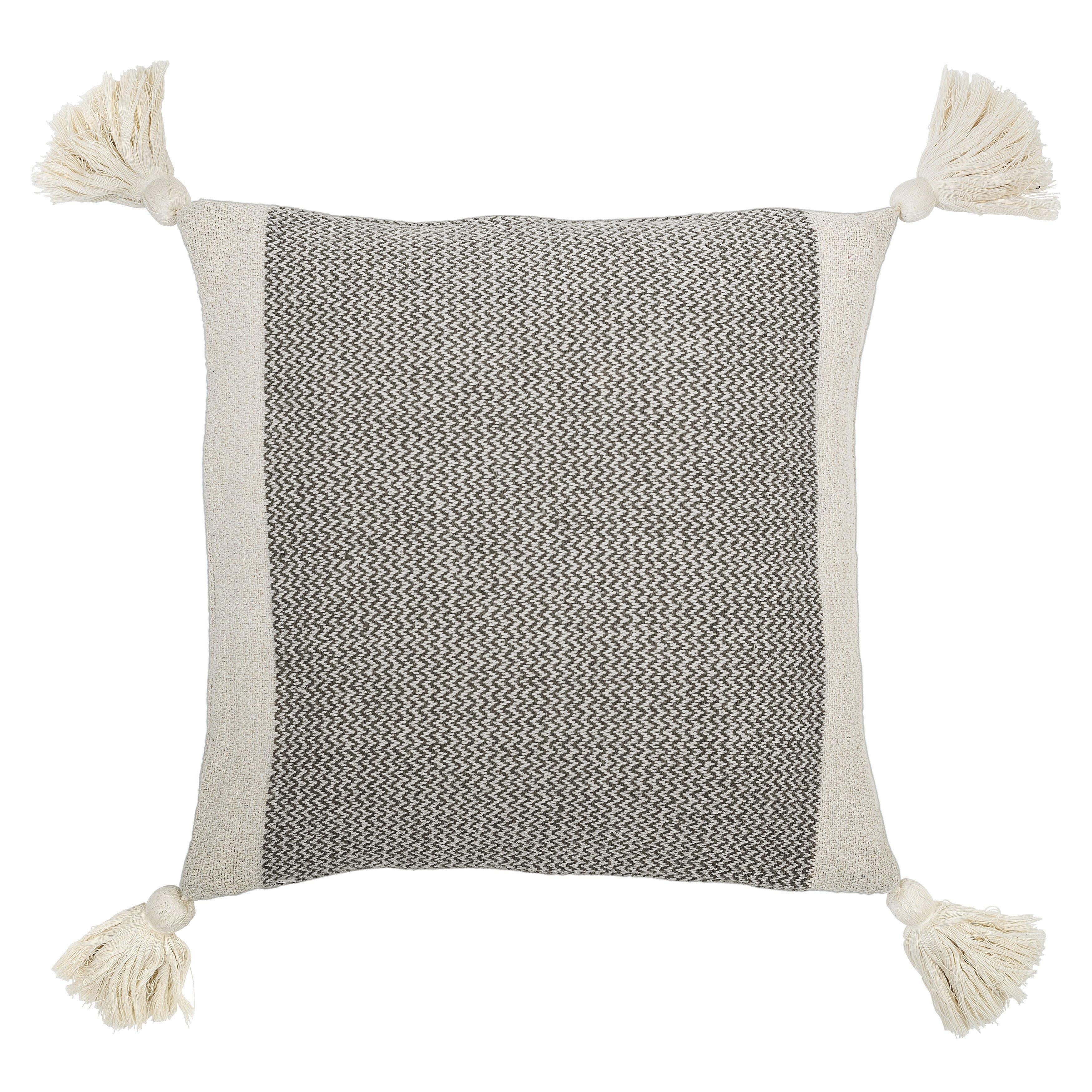 Square Grey & Cream Cotton Blend Pillow with Corner Tassels - Image 0