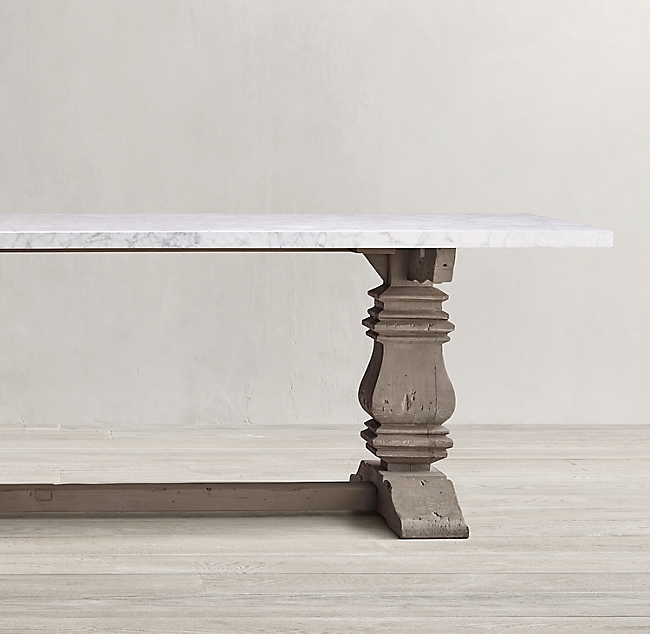 SALVAGED WOOD & MARBLE TRESTLE RECTANGULAR DINING TABLE - Image 1