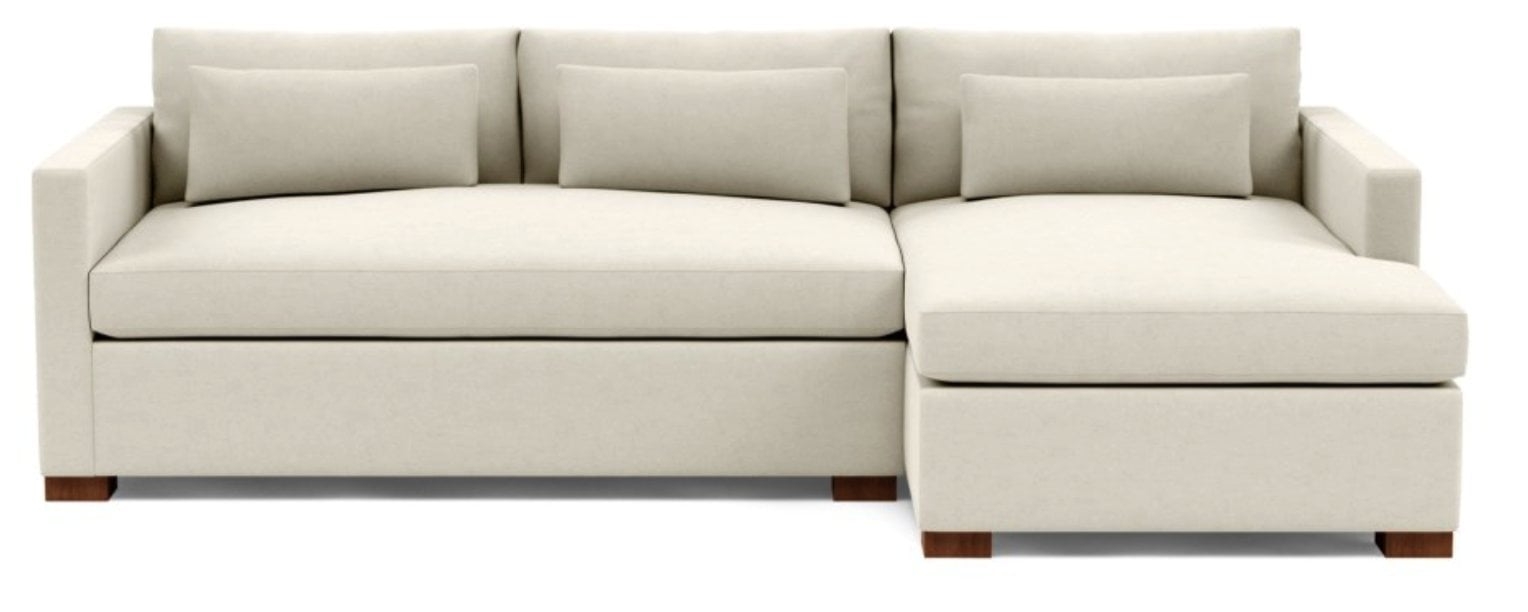 CHARLY Sectional Sofa with Right Chaise - Chalk Heathered Weave - Oiled Walnut Block Leg - 106" - 63" chaise - Bench Cushion - Standard Down Blend - Image 0